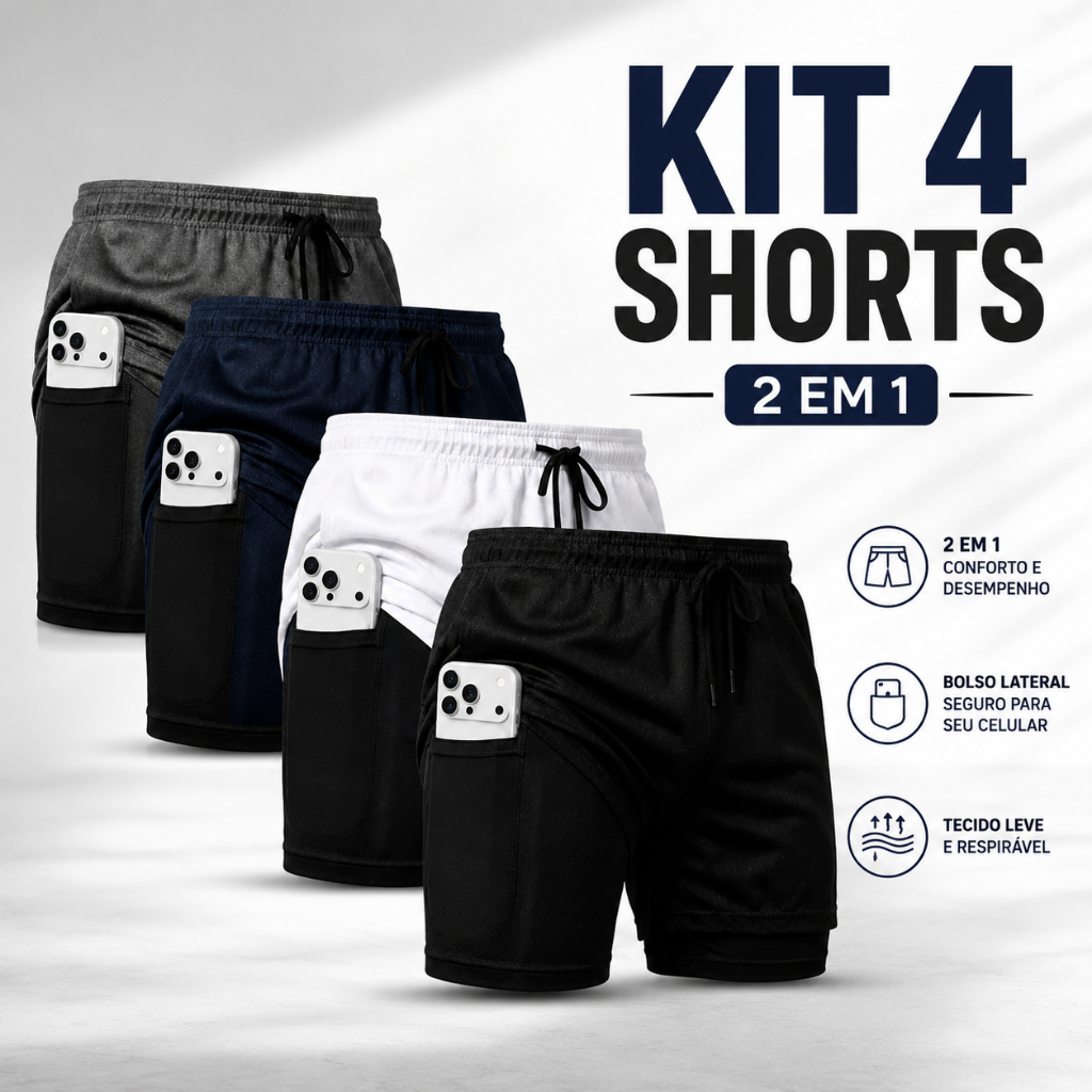 Kit 4 Shorts Masculino Bermuda 2 em 1 Esportivo Dry Fit Academia Treino Corrida Dia a Dia