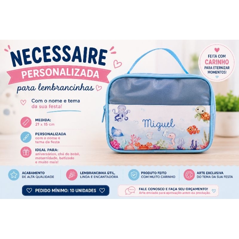 Kit 10 Necessaire Personalizada Lembrancinha Aniversário infantil 21x15 Tema da Festa com Nome Brinde Personalizado