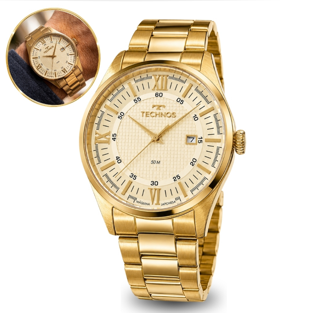 Relógio Technos Masculino Analógico Dourado Creme Pulseira em Aço Inoxidável Calendário Prova D'água 50 Metros Original