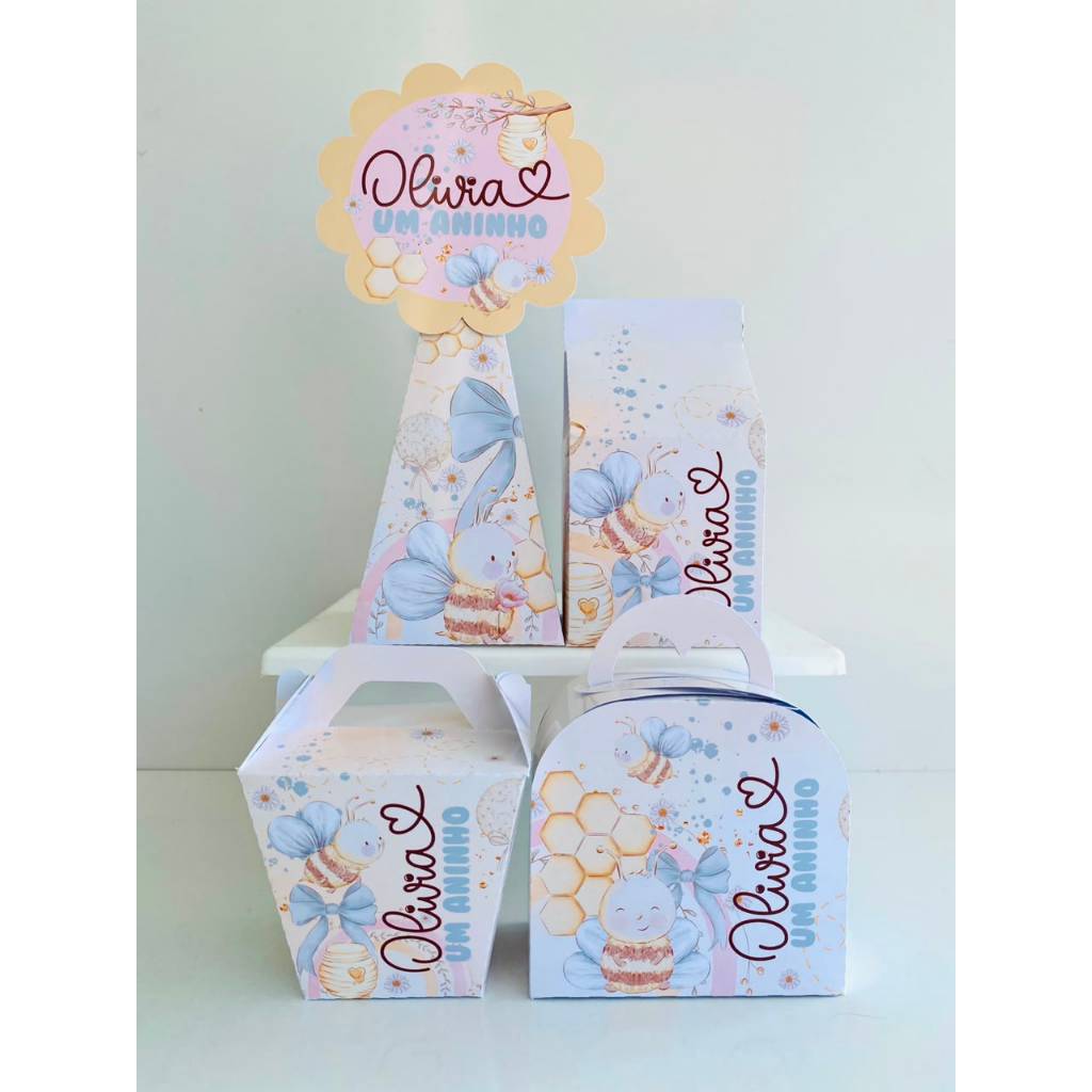 Kit Caixinhas Papelaria Personalizada Abelhinha Lembrancinha Surpresa aniversário festa infantil Desmontado