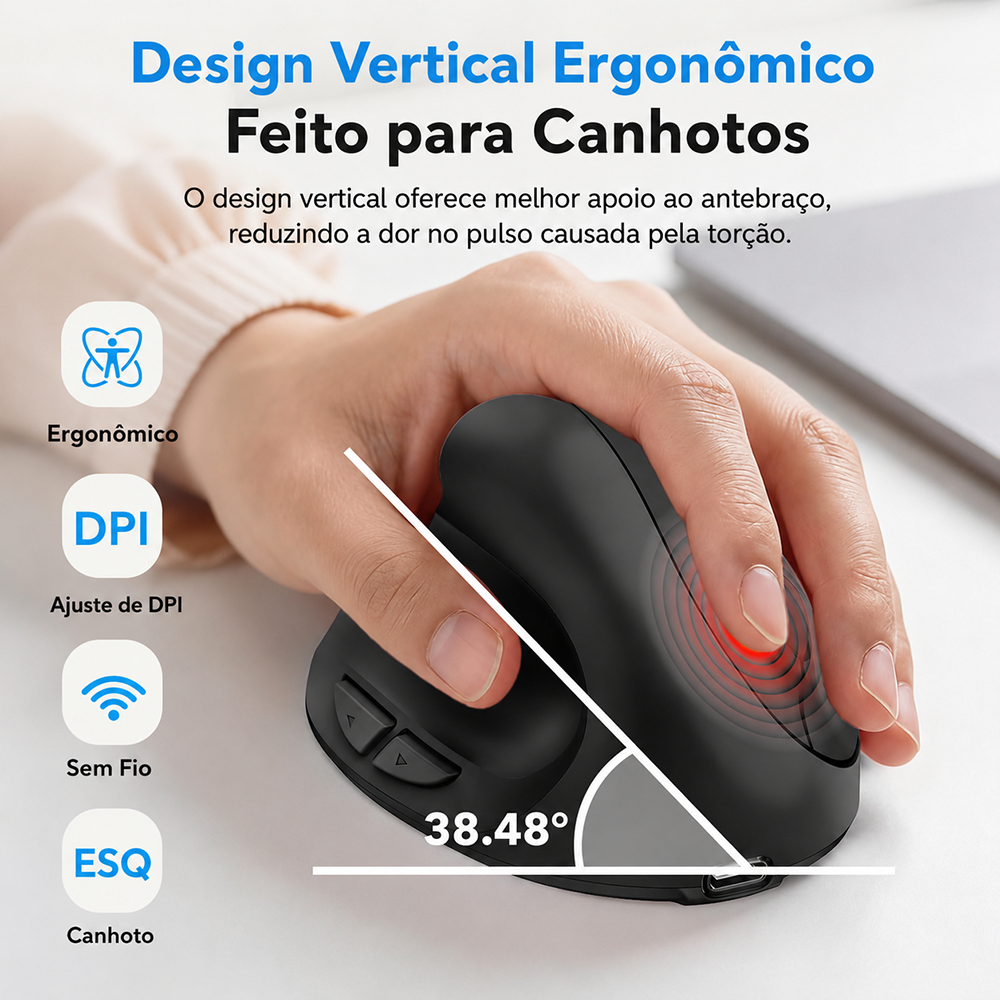 Mouse Vertical Sem Fio Bluetooth 2.4G, com 6 botões, design ergonômico e recarregável
