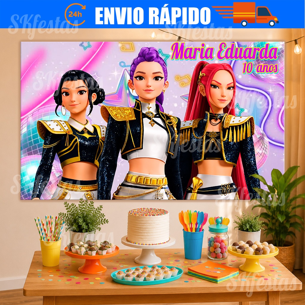 Painel de Festa Personalizado Guerreira Kpop, Rumi, Mira, Zoey, HUNT Decoração Cenários, decoração de festa, aniversário