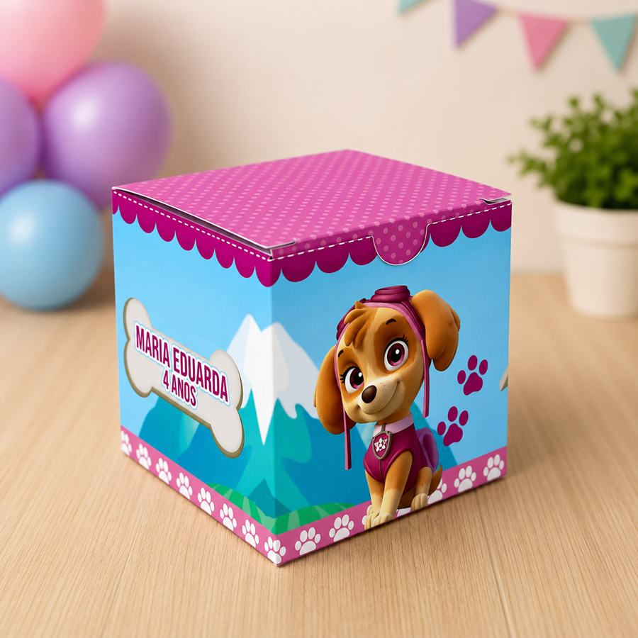 Caixa Cubo Patrulha Canina Rosa Personalizada | Lembrancinha Festa Infantil | Papel Fotográfico 180g