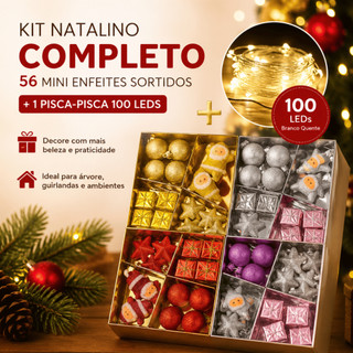 Kit 56 Mini Enfeites Natalinos + Pisca Pisca 100 Leds Branco Quente Papai Noel Estrela Presente