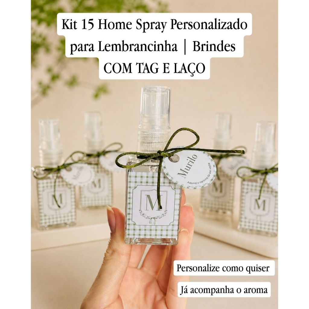 kit 15 mini home spray PERSONALIZADO com TAG e LAÇO | INICIAL XADREZ | LEMBRANCINHA MATERNIDADE | CHÁ DE BEBÊ | BATIZADO