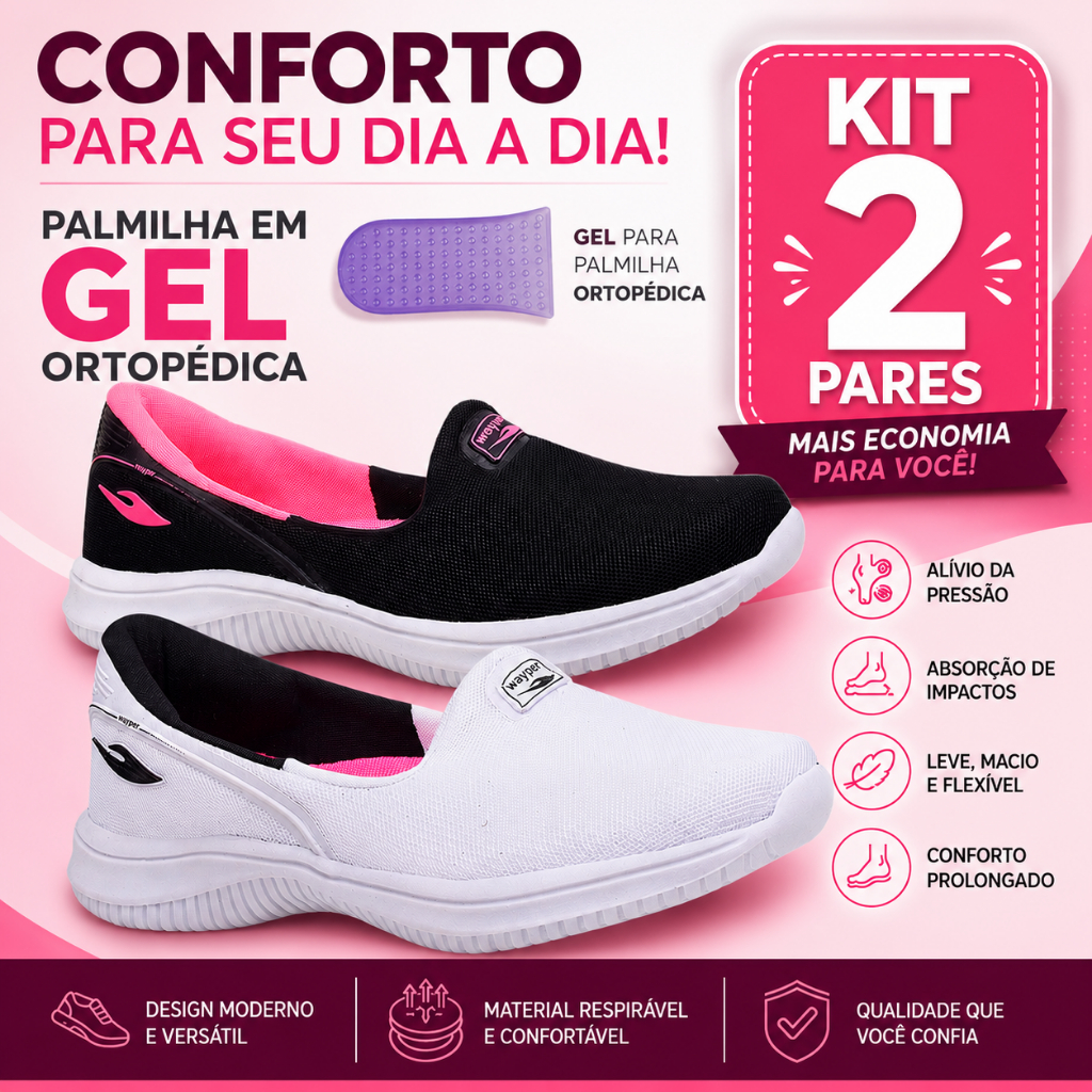 Kit 2 Pares de Tênis Feminino Ortopédico Macio e Confortável Acompanha Palmilha em Gel