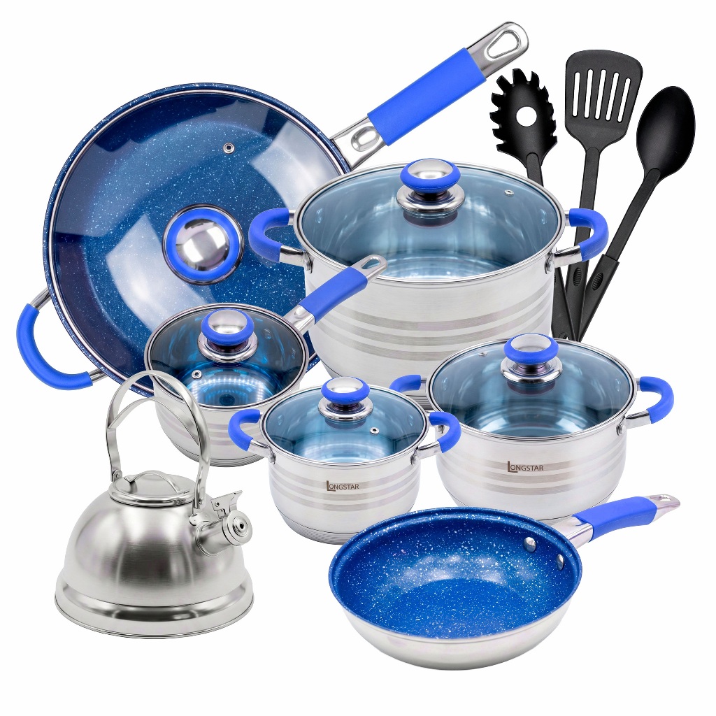 Jogo de Panelas 16 Peças Aço Inoxidável Genebra + Chaleira Utensílios Tampas de 