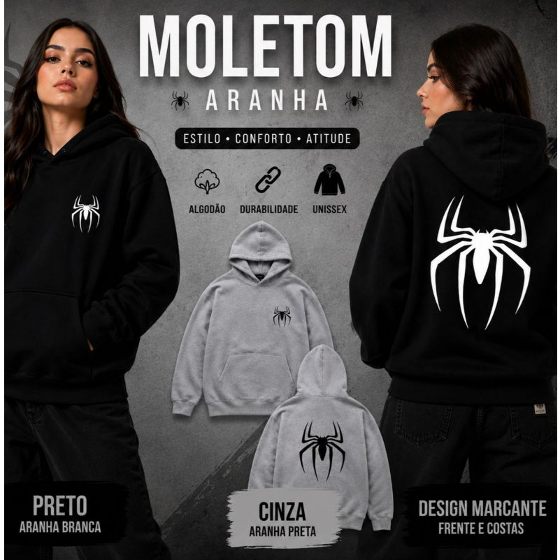Moletom Canguru Aranha Unissex Estampado Frente e Costas | Com Capuz | Bolso Canguru | Flanelado | Premium