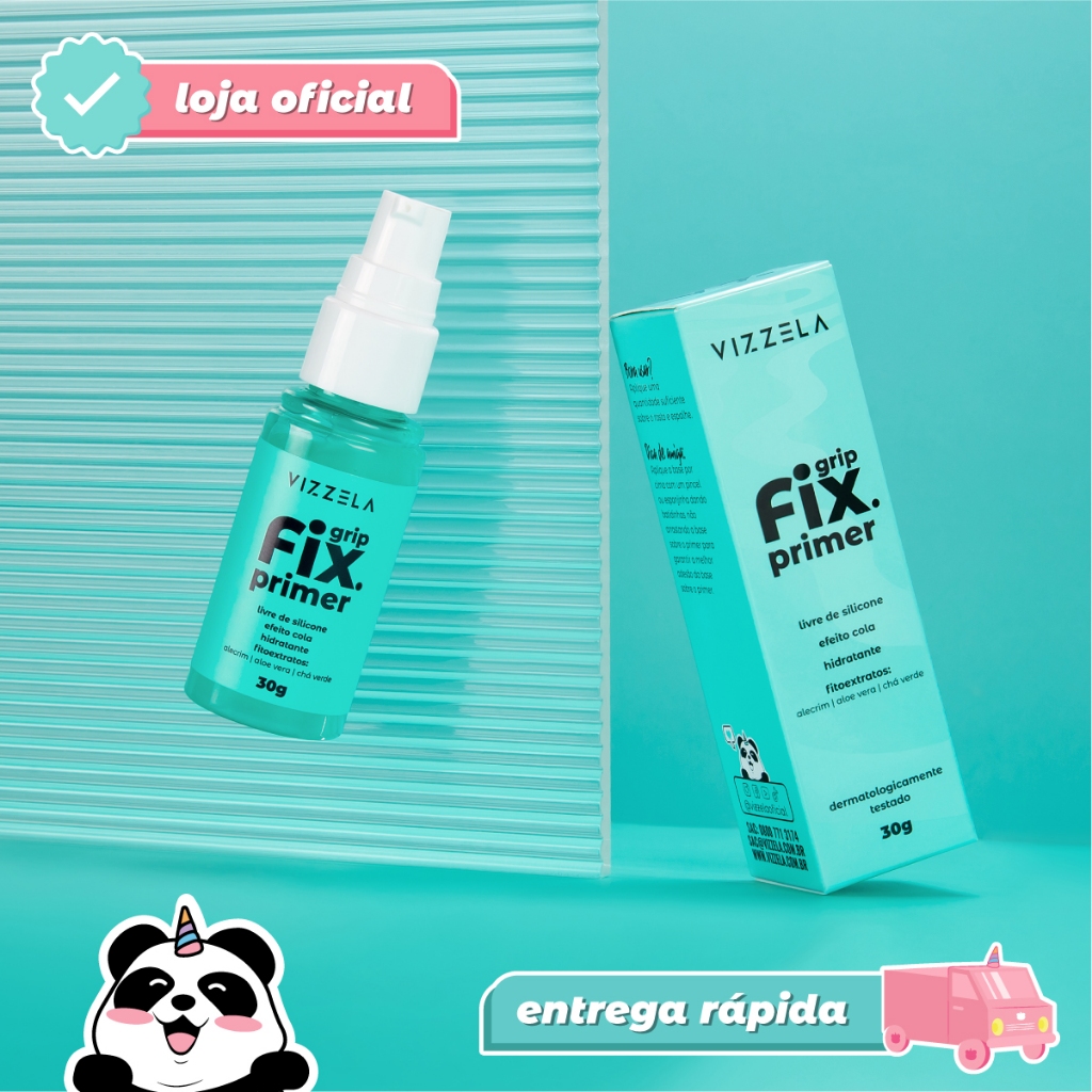 Frasco e caixa do primer Vizzela Grip Fix de 30g sobre fundo azul, com estética de loja oficial e ícone de panda