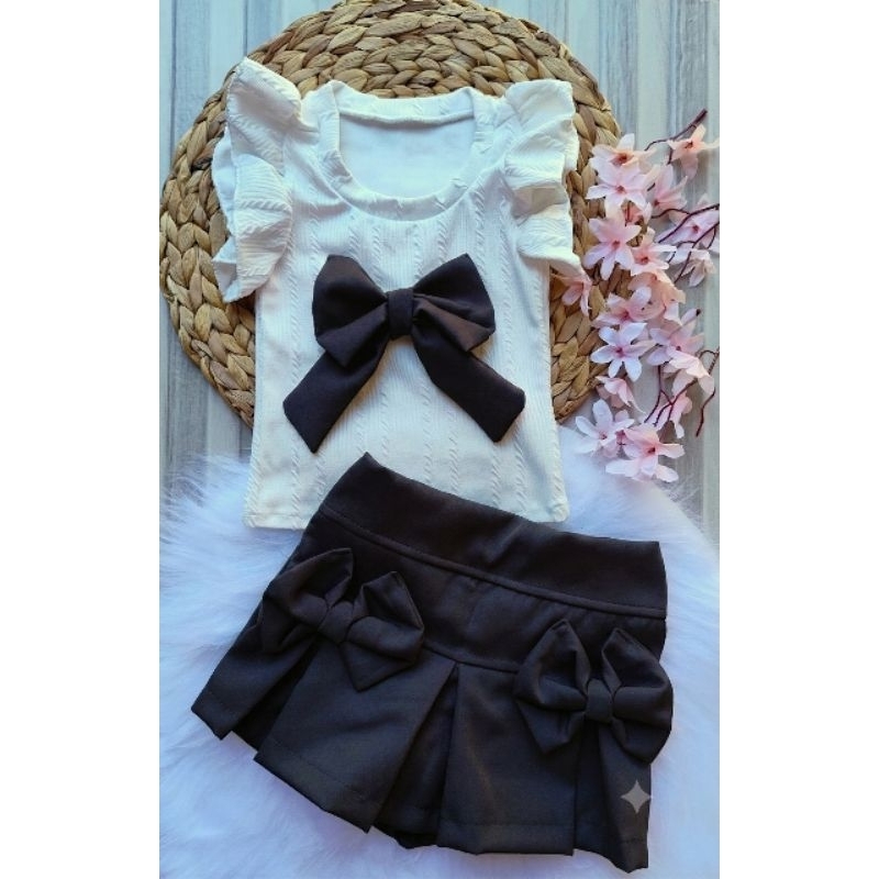 Detalhes do conjunto infantil menina short saia em alfaiataria + blusinha laço , blogueirinha , verão , festa , casual