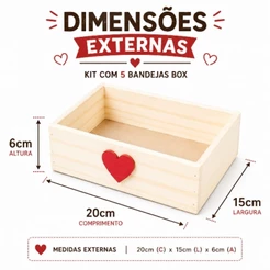 Kit 5 Box Bandeja Coraçao 20x15x6cm Madeira Pinus Exclusivas