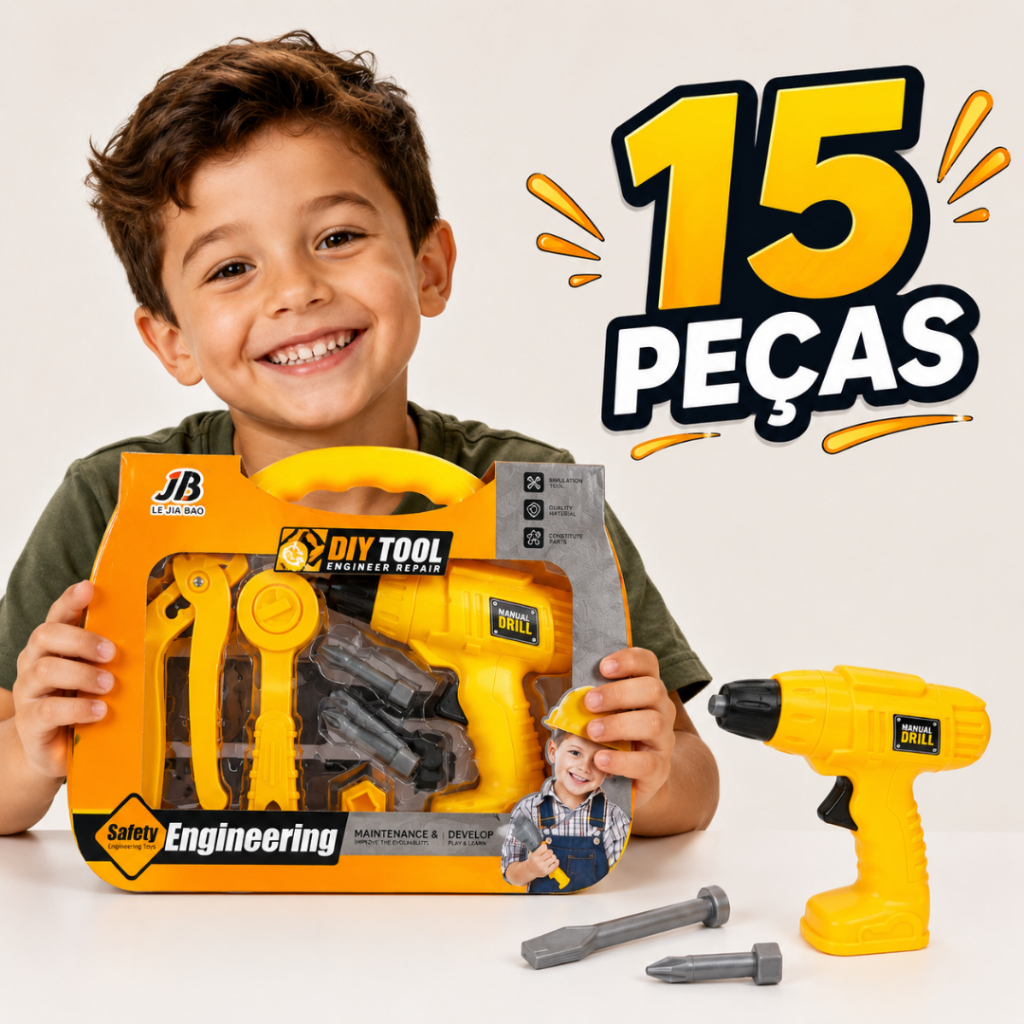Maleta Mecânico Mirim 15 Peças com Furadeira de Brinquedo Chave Alicate Parafusos Kit Educativo Infantil Presente