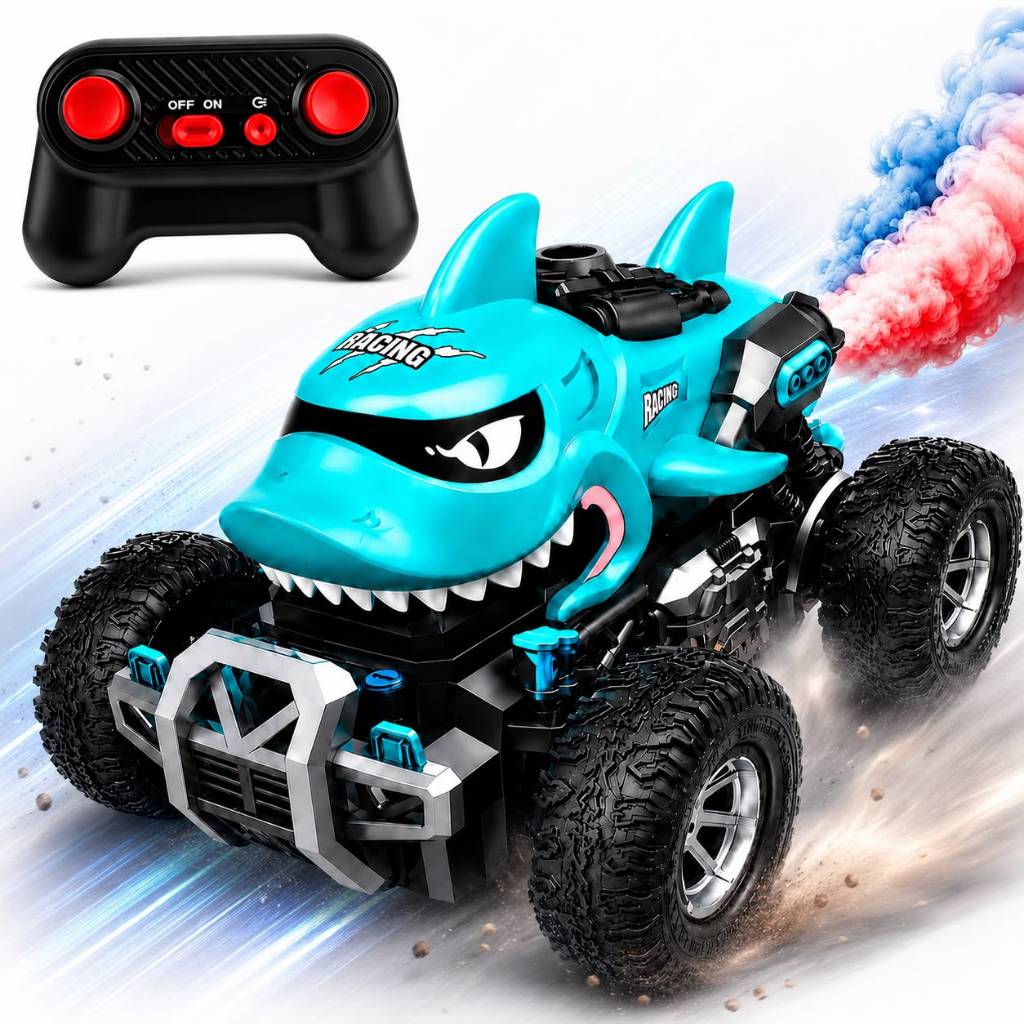Carro de Controle Remoto Tubarão com Fumaça Real Off-Road 2.4GHz Recarregável Alta Velocidade 1:16
