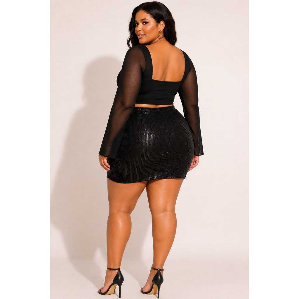 Mini Saia Feminina Plus Size em Paetê com Brilho Cintura Alta — imagem 2 de 2