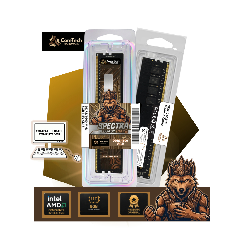 Memória RAM DDR3 1600 MHz 8GB 1.5V Coretech Spectra Legacy Pro Desktop Plug & Play