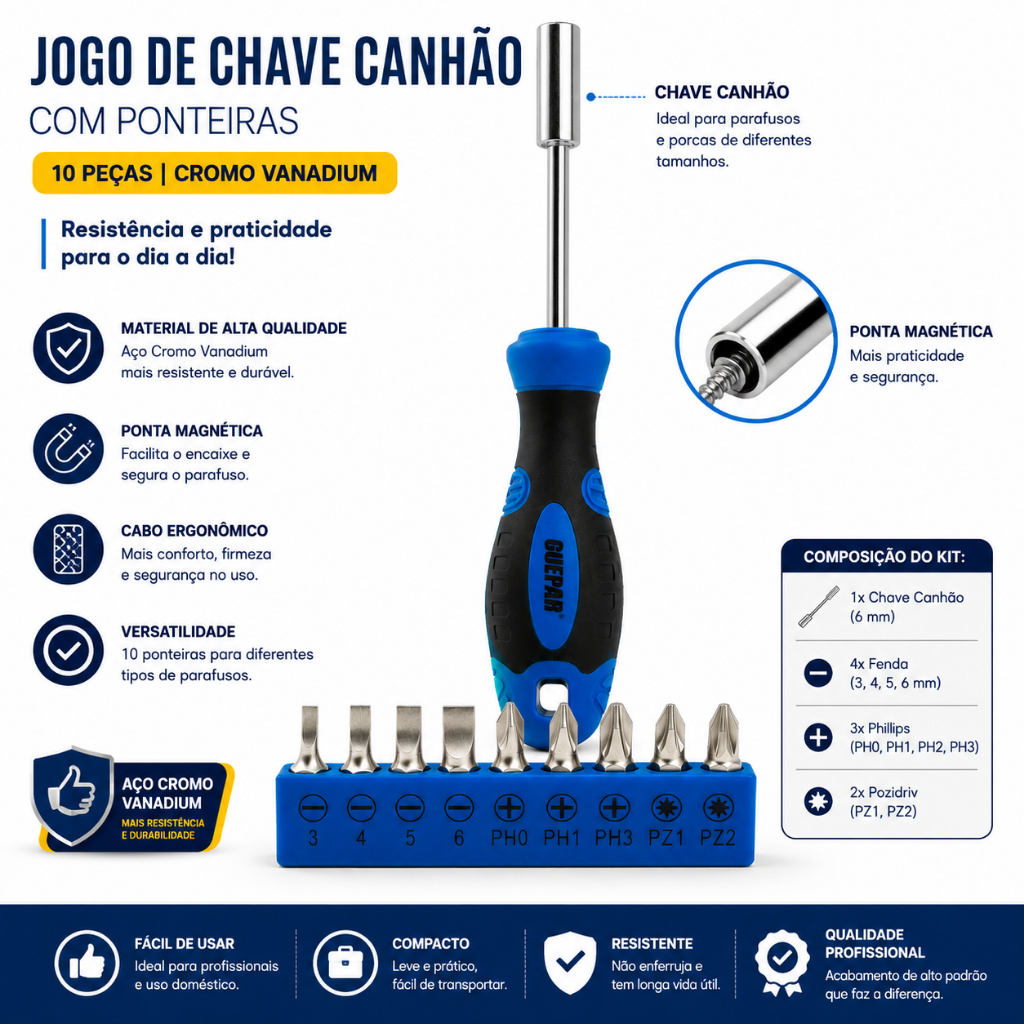 Jogo de Chave Canhão 10Pçs Intercambiáveis Cr-v 1/4 - Pontas Bits / Fenda, Cruz e Pozidrive — imagem 2 de 2