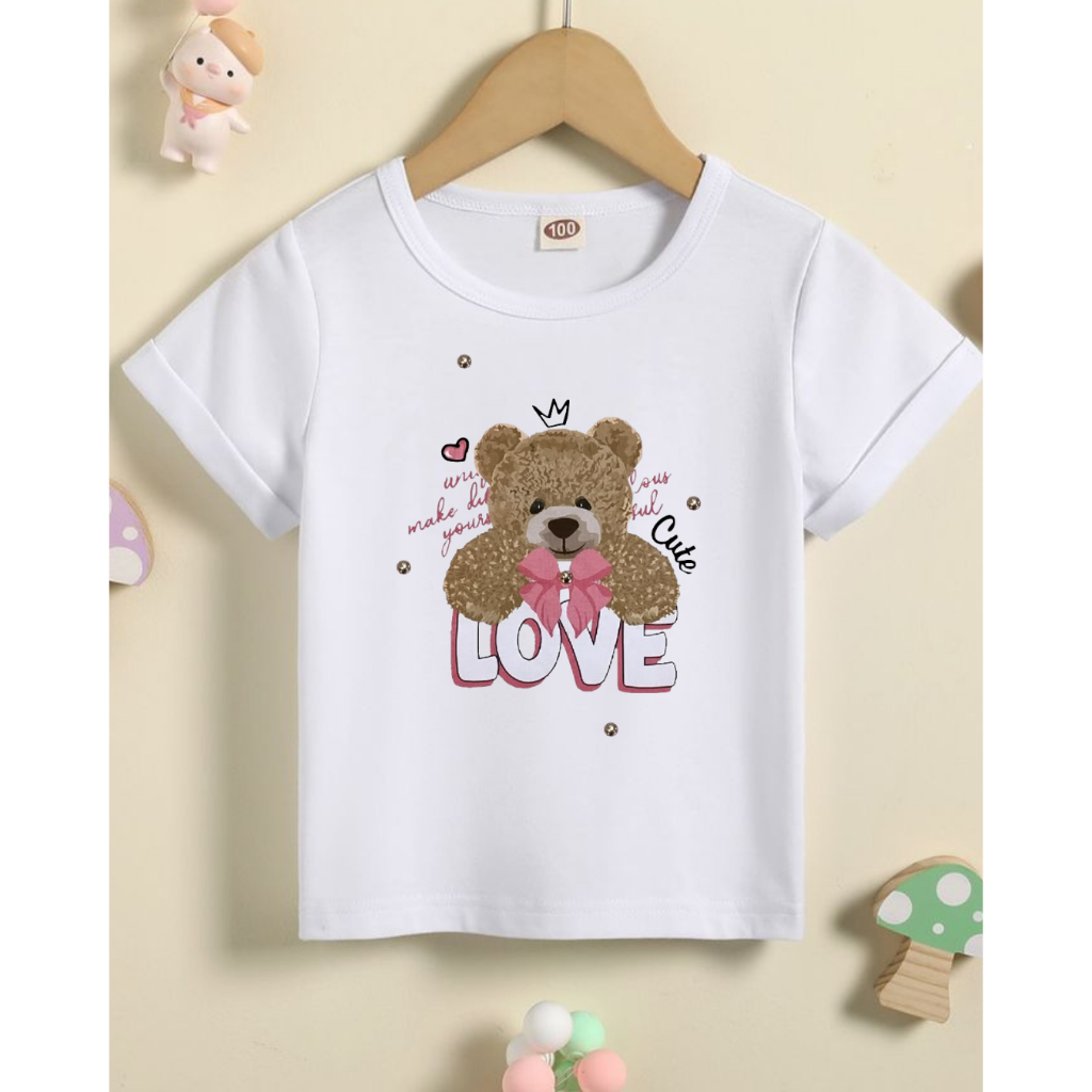Camiseta Branca Infantil Feminina Estampa Ursinho Urso Fofo 100% Algodão Premium Casual Confortável Estilosa