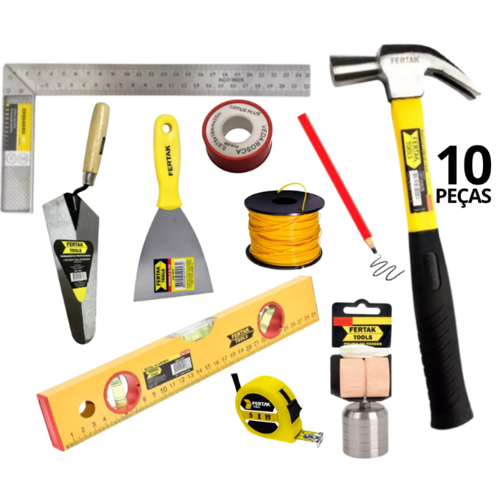 Kit 10 Ferramentas de Pedreiro Essenciais P/ Construção,Reforma,Obras e etc-Uso Profissional-Fertak.