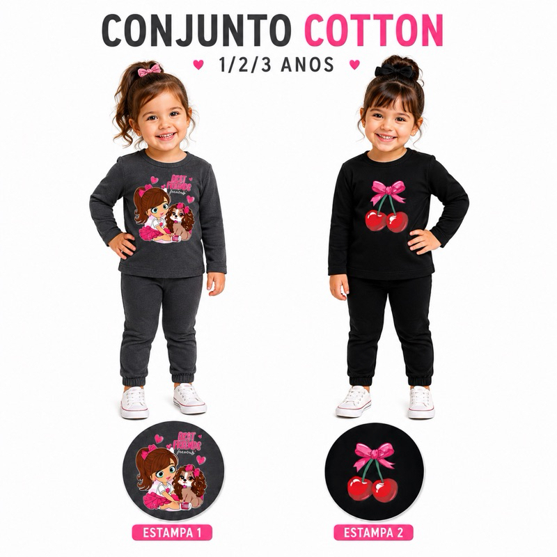Conjunto Infantil Menina Cotton Estampado Manga Longa Estampado Roupa Infantil Feminina 1, 2 e 3 Anos | Avulso ou Kit |