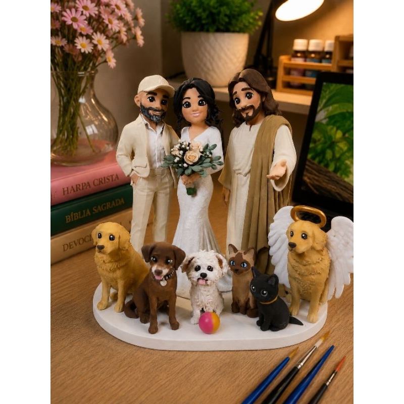 Topo de Bolo Casamento Noivinhos com Jesus Artesanal Personalizados feitos a partir fotos…