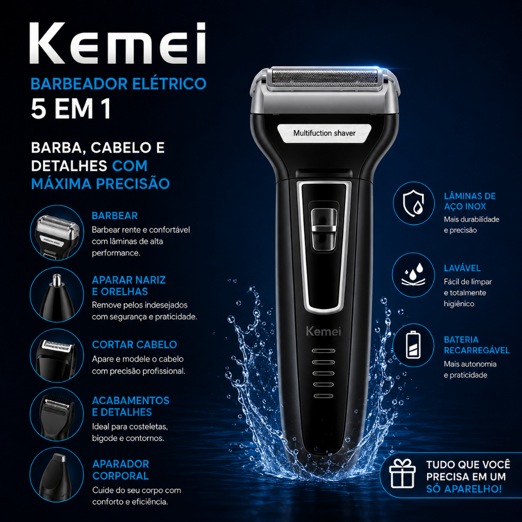Aparador de Barba e Barbeador3 em1 Recarregável Bivolt