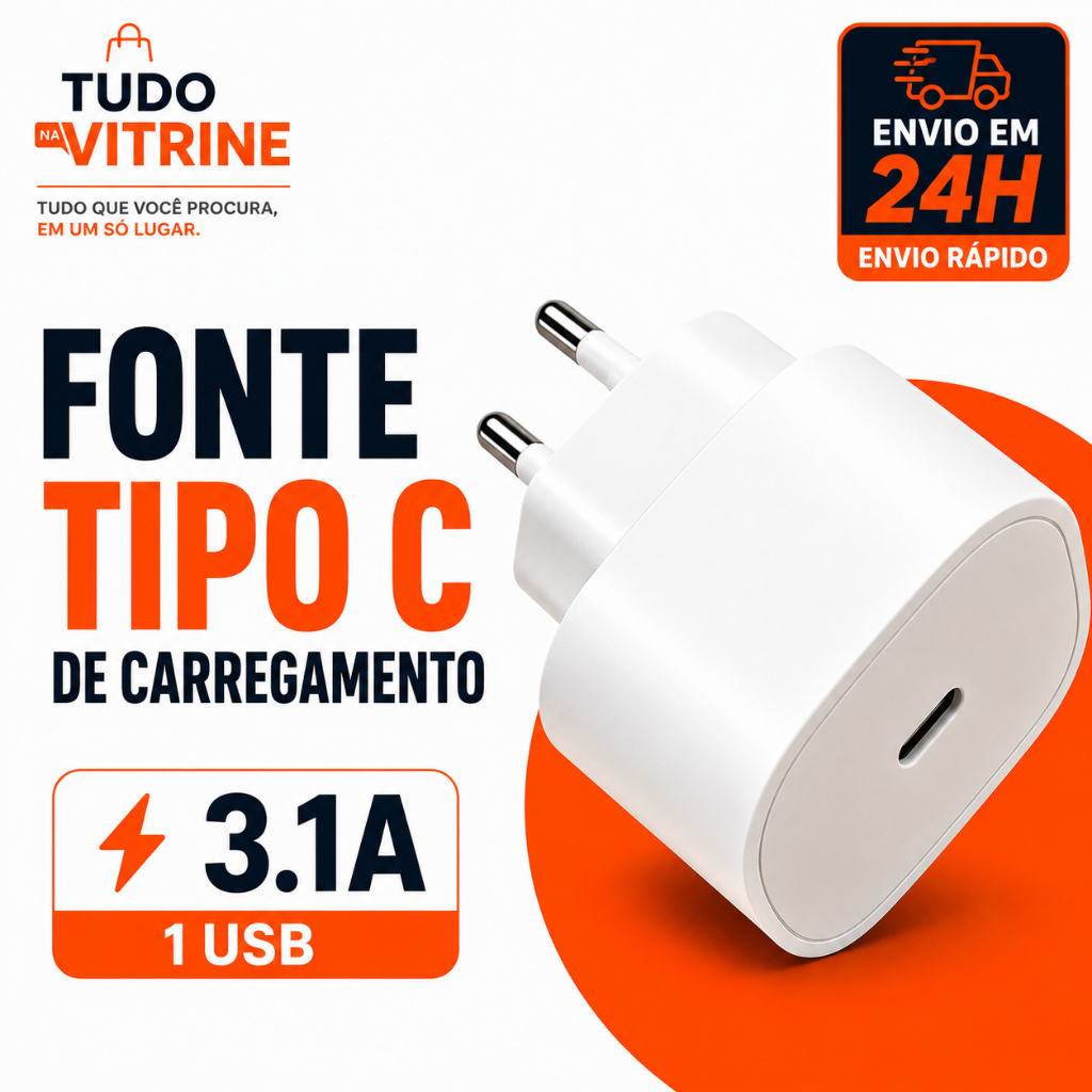 Fonte Carregador Tipo C USB-C Carregamento Rápido Entrada Tipo C Bivolt
