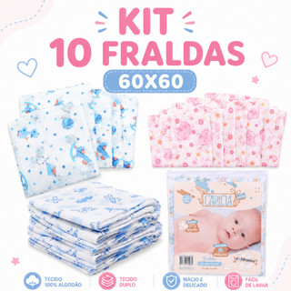 Fraldas de pano kit com 10 unidades 60x60cm Bebê Babete Toalhinha Babita Paninho Estampado 100% algodão Minasrey