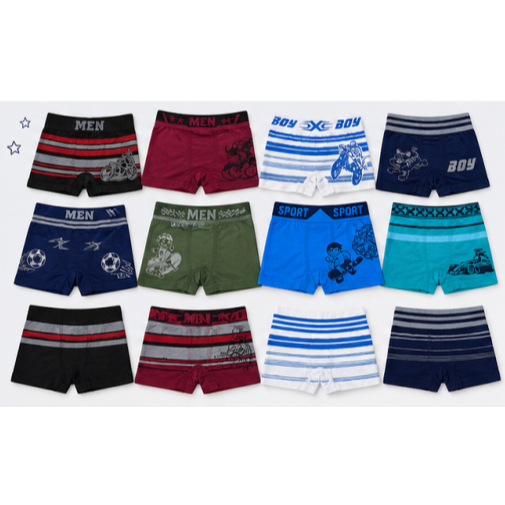 kit6/12 Cueca Infantil Boxer para Meninos 4-16 Anos Sem Costura Confortável Estampada Cores Sortidas