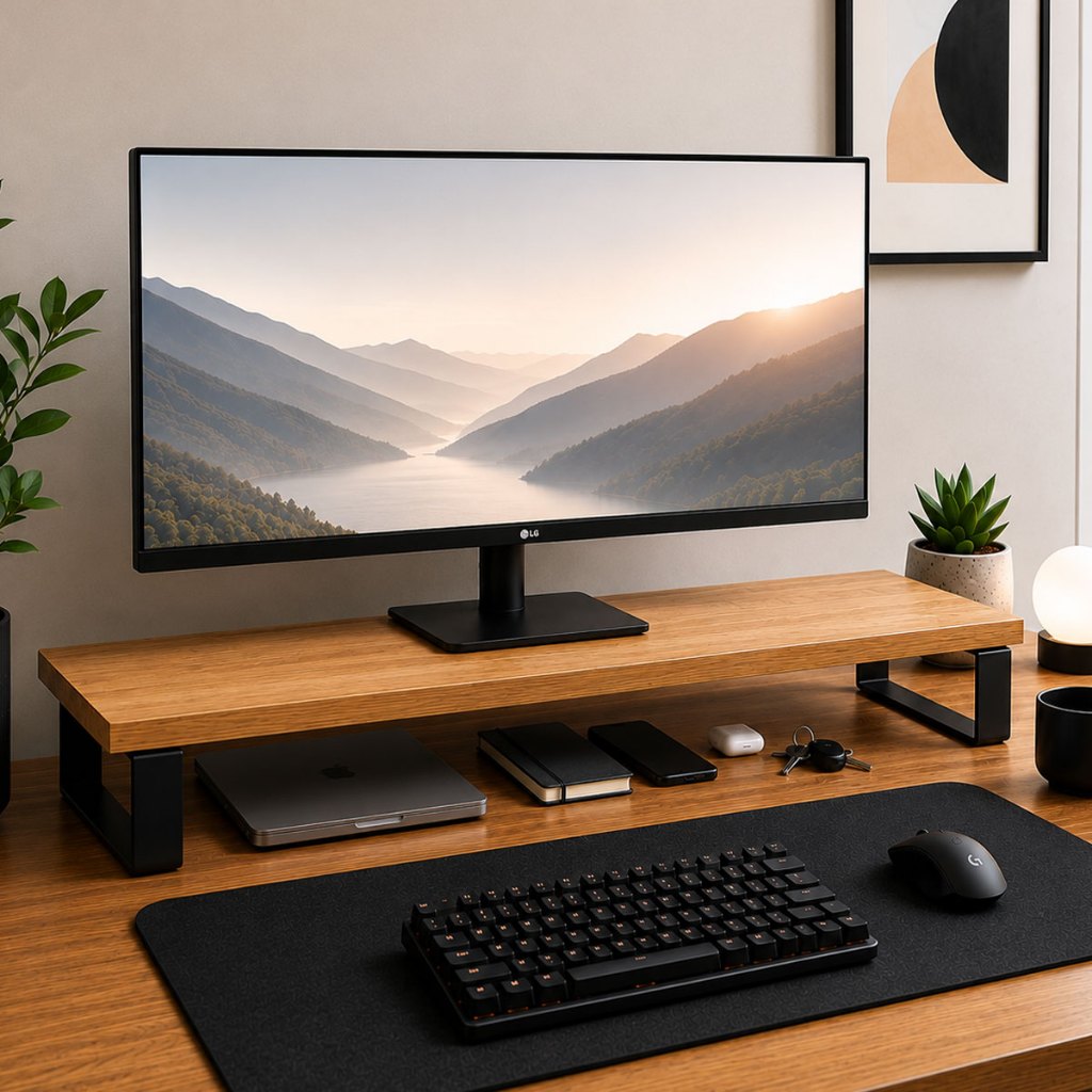 Suporte para Monitor Stand 80x22cm MDF Freijó Base Elevada Setup Gamer PC Escritório Home Office Mesa Organização Premiu