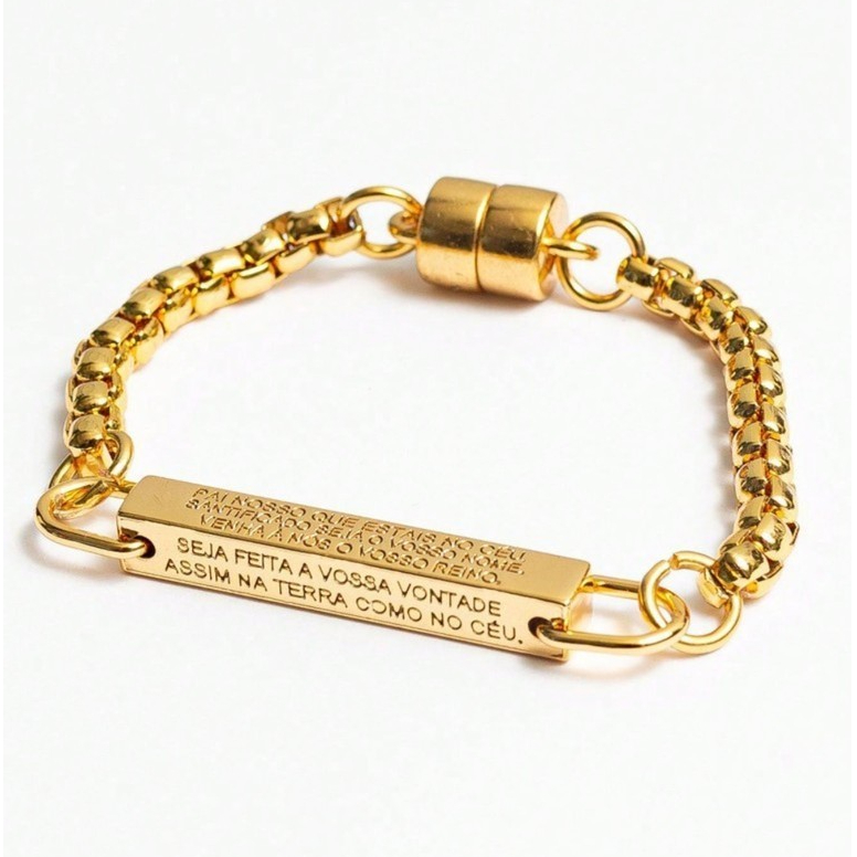 Bracelete com IMÃ Pai Nosso Moda Masculino Feminina Dourada Oração joia de Luxo Banho a Ouro 18K