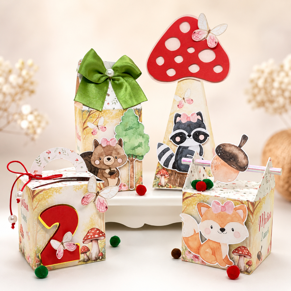 Kit Festa Bosque Vermelho e Verde Personalizado/Lembrancinhas/Caixinhas/Festa/Decoração/Aniversário/Milk/Pirâmide/Raposa