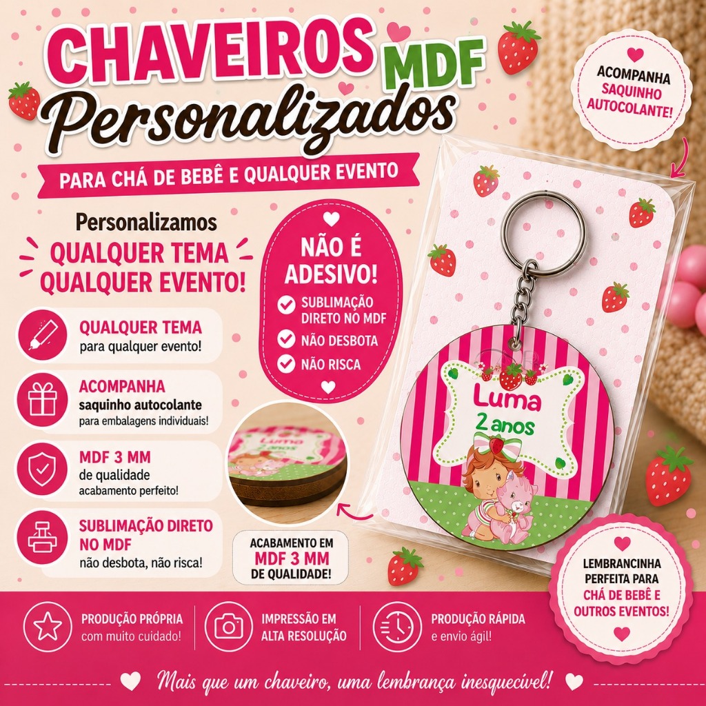 Kit Chaveiro MDF Moranguinho Baby – Lembrancinha Personalizada para Maternidade e Aniversário Menina