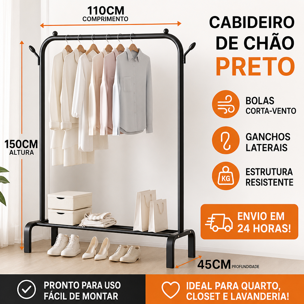 Cabideiro de Chão 110cm Suporte Reforçado de Metal para Roupas Quarto Organização