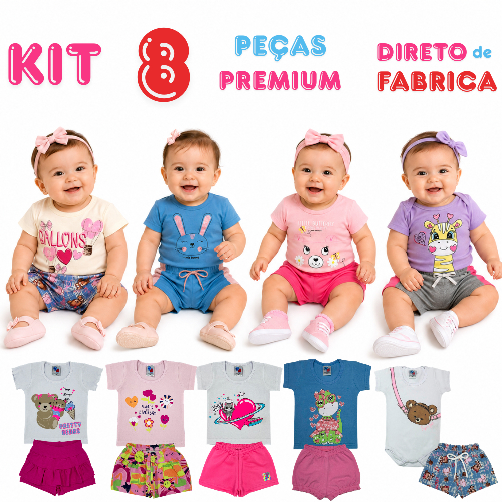 Kit 8 Peças Roupa Infantil Menina Verão Premium Sortida Colorida P M G