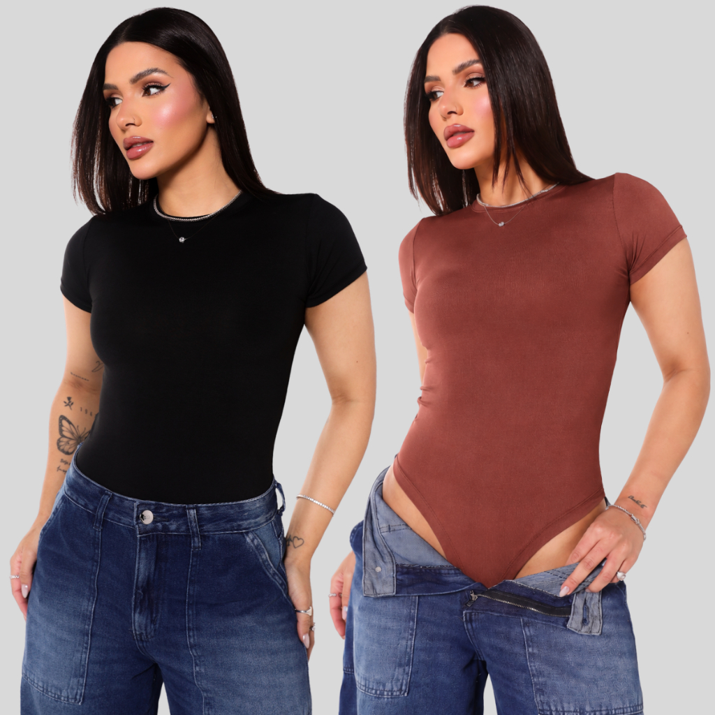 Kit 2 Body Feminino Gola Careca Manga Curta Suplex Confortável Moda Verão e Tendência Casual