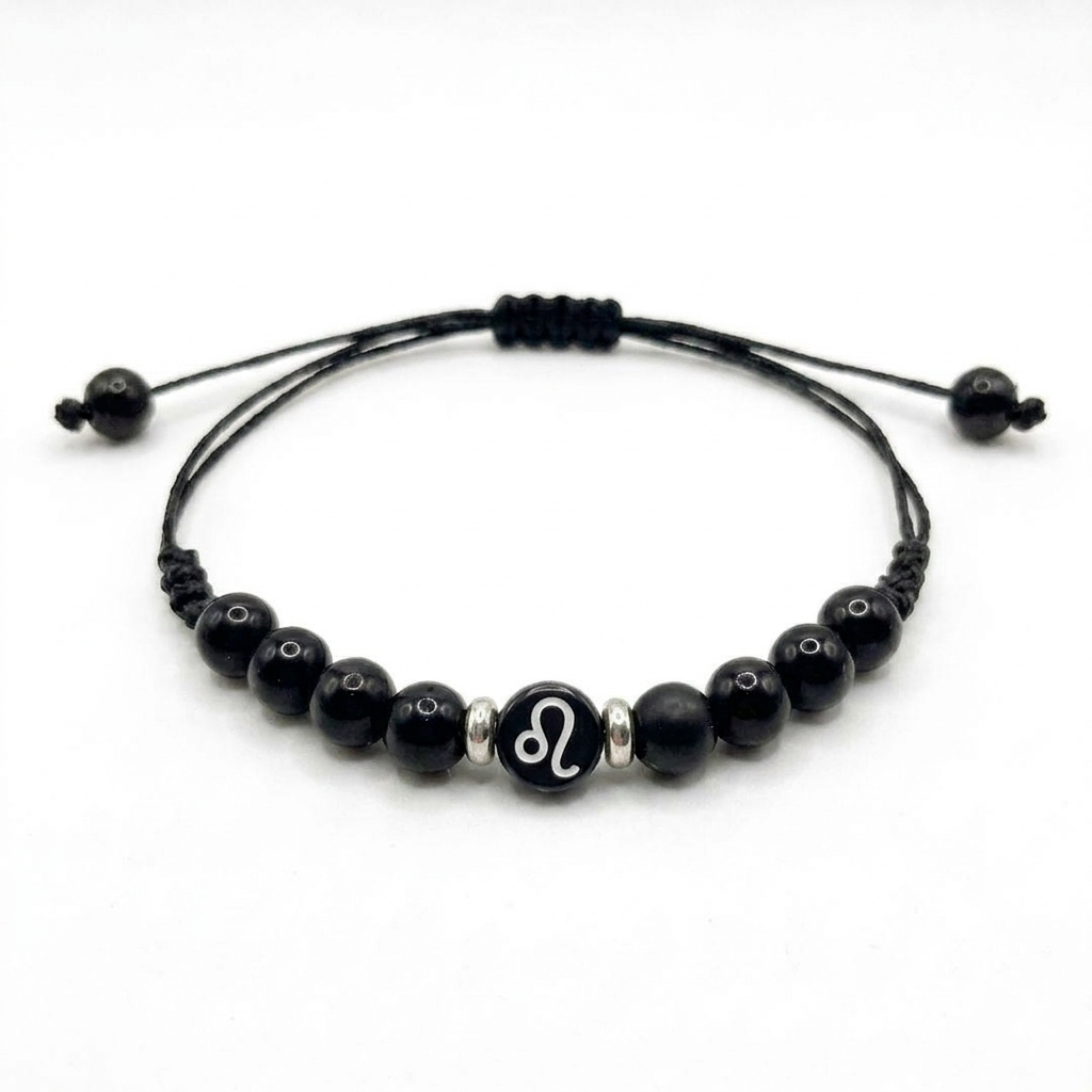 Imagem Pulseira Dos Signos Zodíaco Masculina feminina  Pedra Ônix preta Regulável 6mm