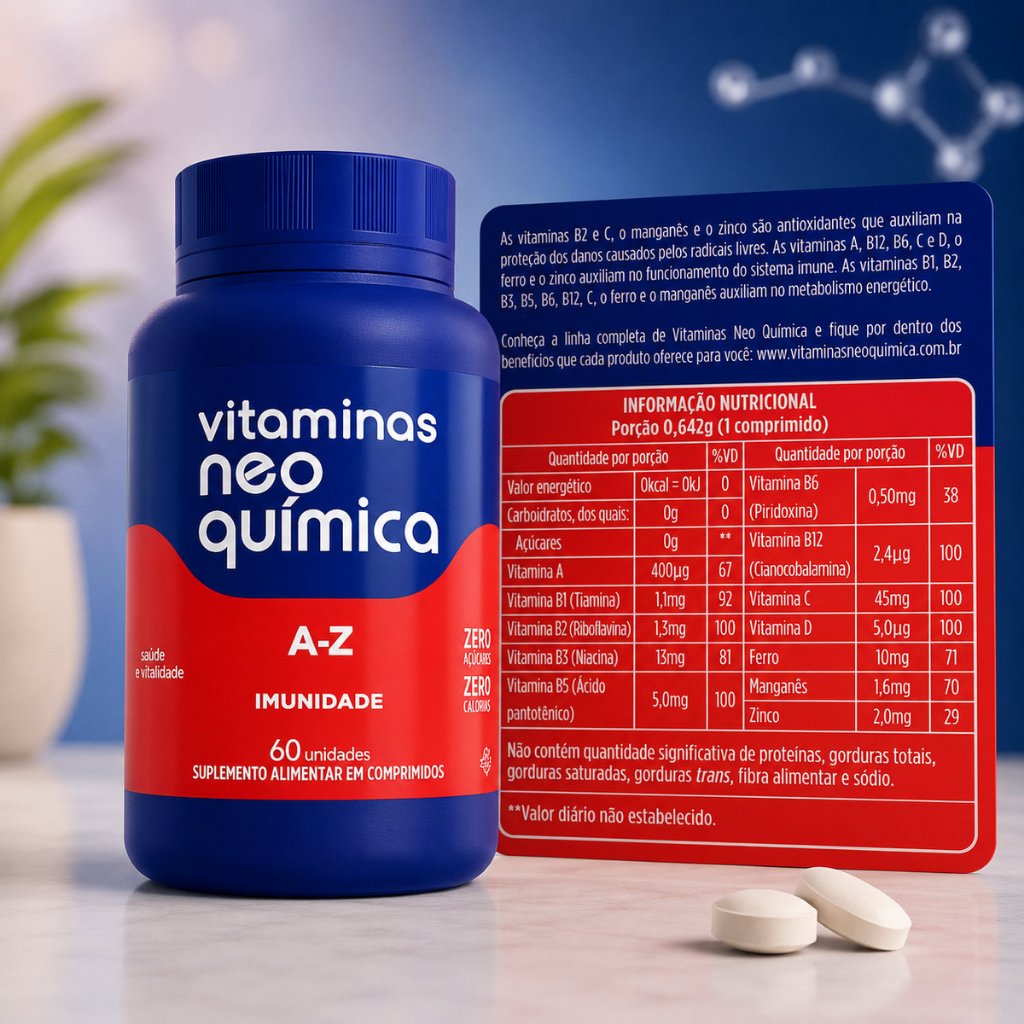 Detalhes do Vitaminas Kids Morango 60 cpr + A-Z 60 cpr - Neo Quimica