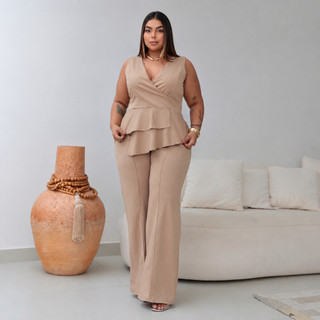 Blusa Alfaiataria Social Babado Decote v Sem Mangas Trabalho Chique Noite Plus Size - Flavia
