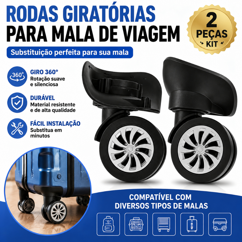 Par de rodízios giratórios universais, rodas de reposição para mala com rotação 360°