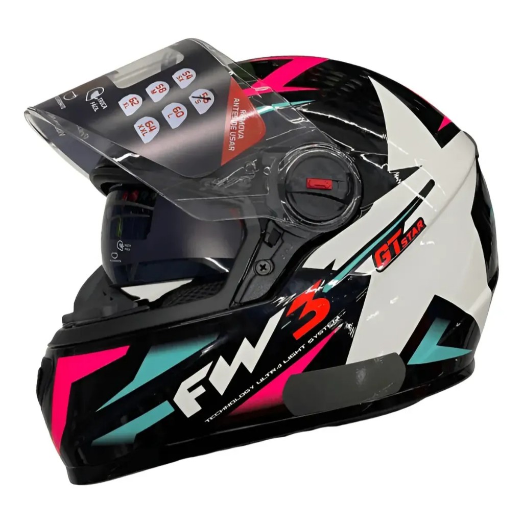 Capacete fechado Gtx Star Preto Brilho Azul tiffany rosa estrela com óculos interno + brinde