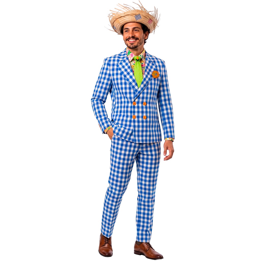 Fantasia Roupa Adulto Masculino Festa Junina Jeca Tatu Conjunto Completo Azul