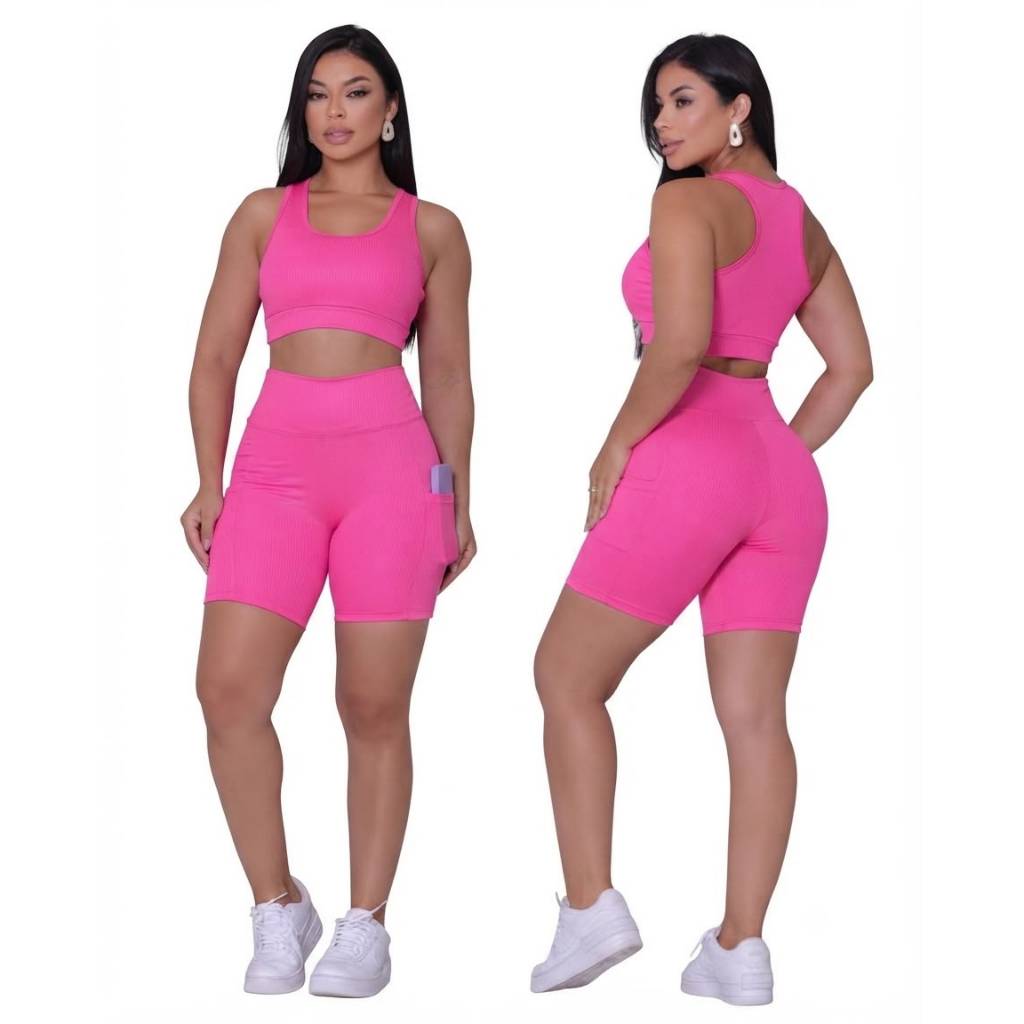 Conjunto Fitness Feminino Shorts Cintura Alta com Bolso Celular e Top Nadador com Forro Duplo