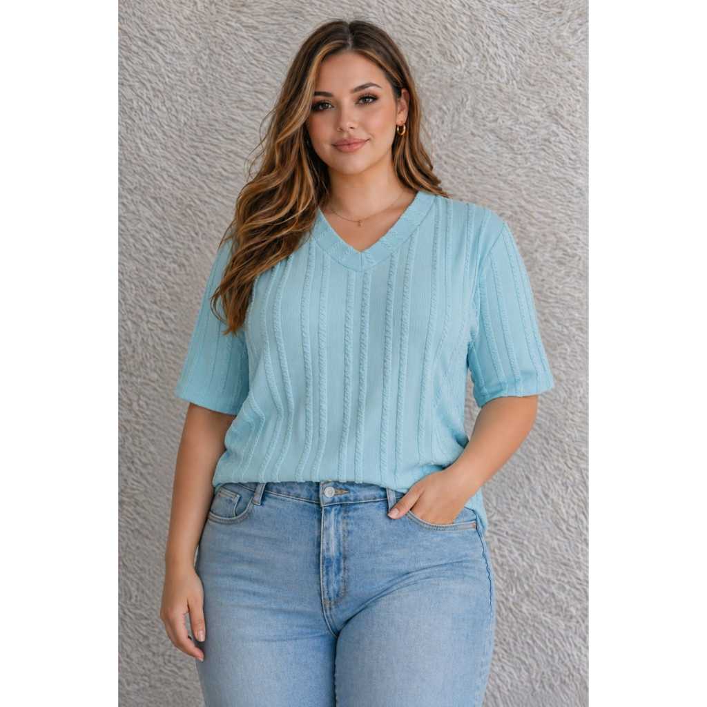 Blusa Plus Size Gola V Ribana Premium Manga Curta soltinha