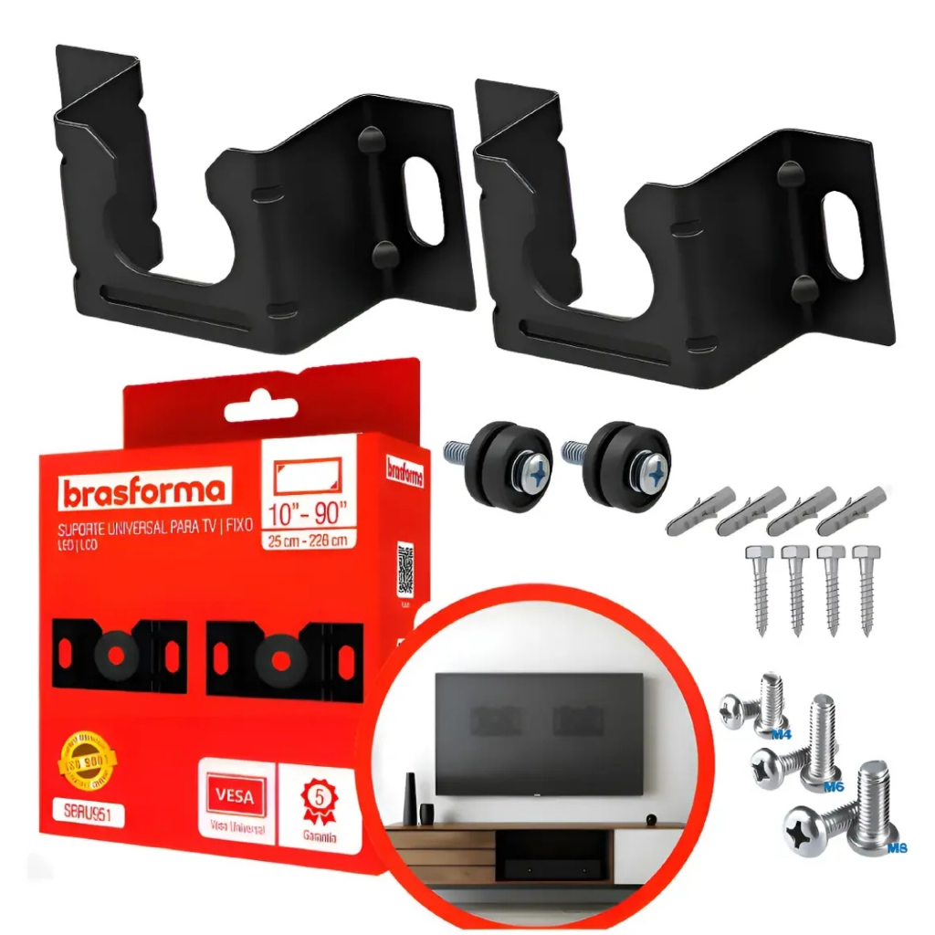Kit Suporte para TV Universal Fixo Smart LED LCD 4K Parede 32 40 42 50 55 60 75 82 90 Polegada