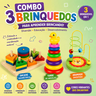 Combo 3 Brinquedos Educativos Madeira Montessori Encaixe Aramado Torre Argolas Infantil