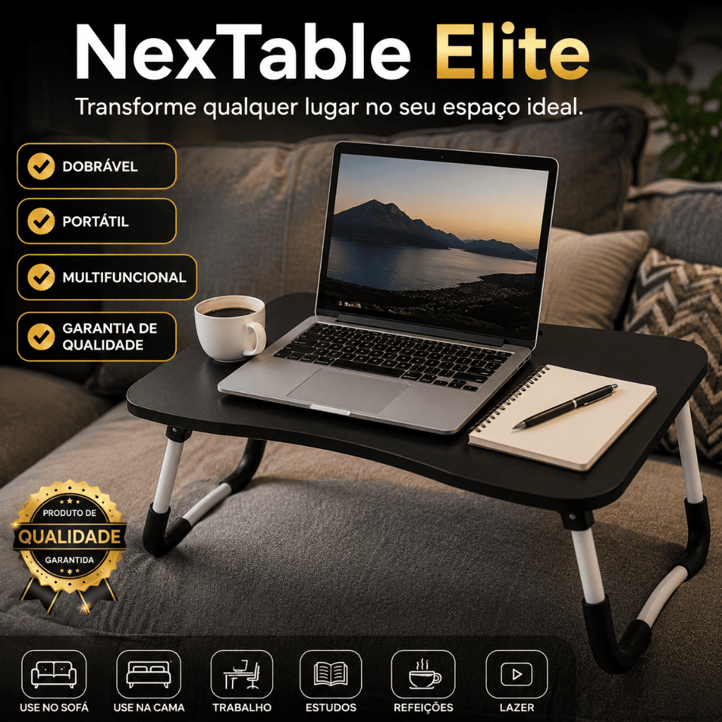 Mesa para Notebook Dobrável Portátil Ajustável Multifuncional Suporte Home Office Estudo Cama Sofá Preta | NexTable Elit