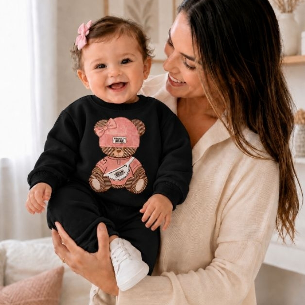 Conjunto Moletom Bebê Menina Flanelado Ursinha Inverno