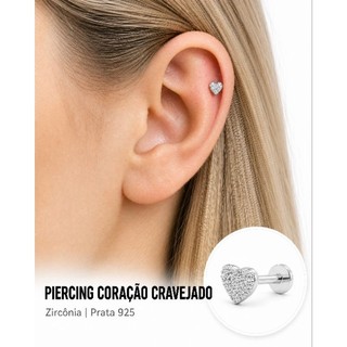Piercing coração cravejado com pedra de zircônia P:tragus, Helix orelha  Prata 925 cod:1198