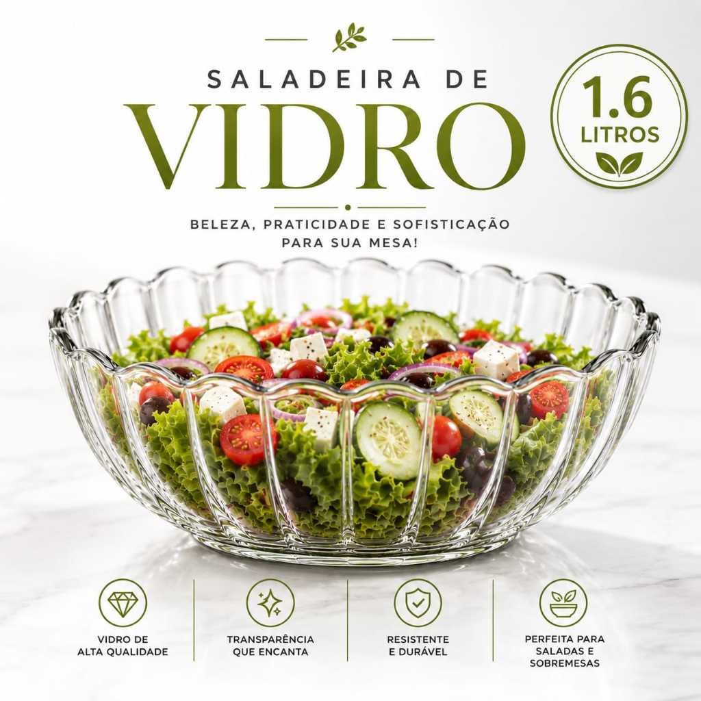 Tigela De Sobremesa Vidro  Resistente Marinex Saladeira De Vidro   Saladeira 1 ,6 Litros Saladeira Vidro