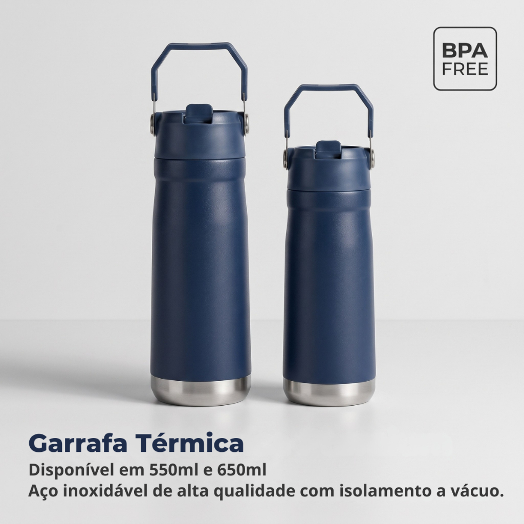 Garrafa Térmica Aço inox 550ml/650ml Com Parede Dupla com Canudo Flip, Alça Portátil